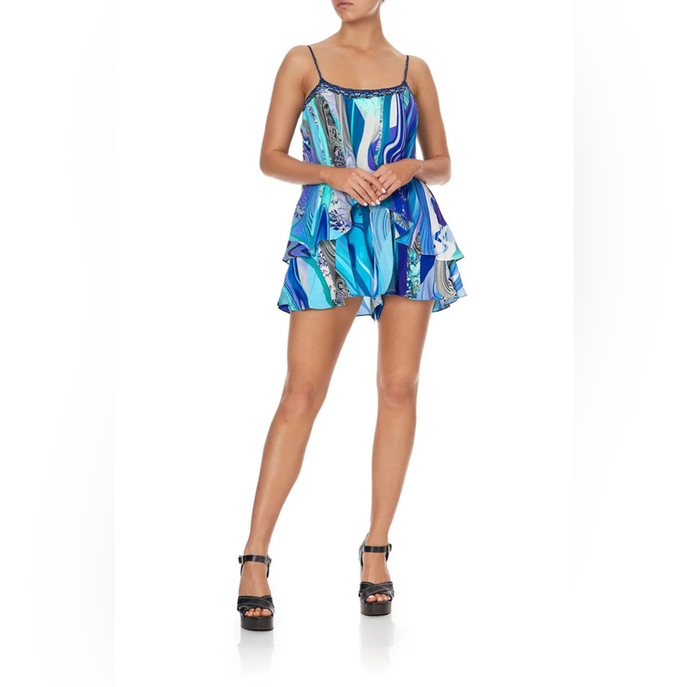 Camilla “Wategos Wanderlust” blue wave pattern silk sleeveless romper playsuit L